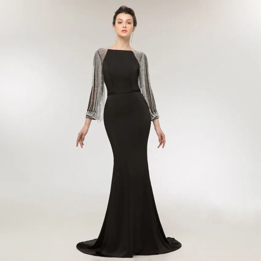 Vestido de Festa Luxo Sereia com Manga Detalhada Preto - Modelo Especial