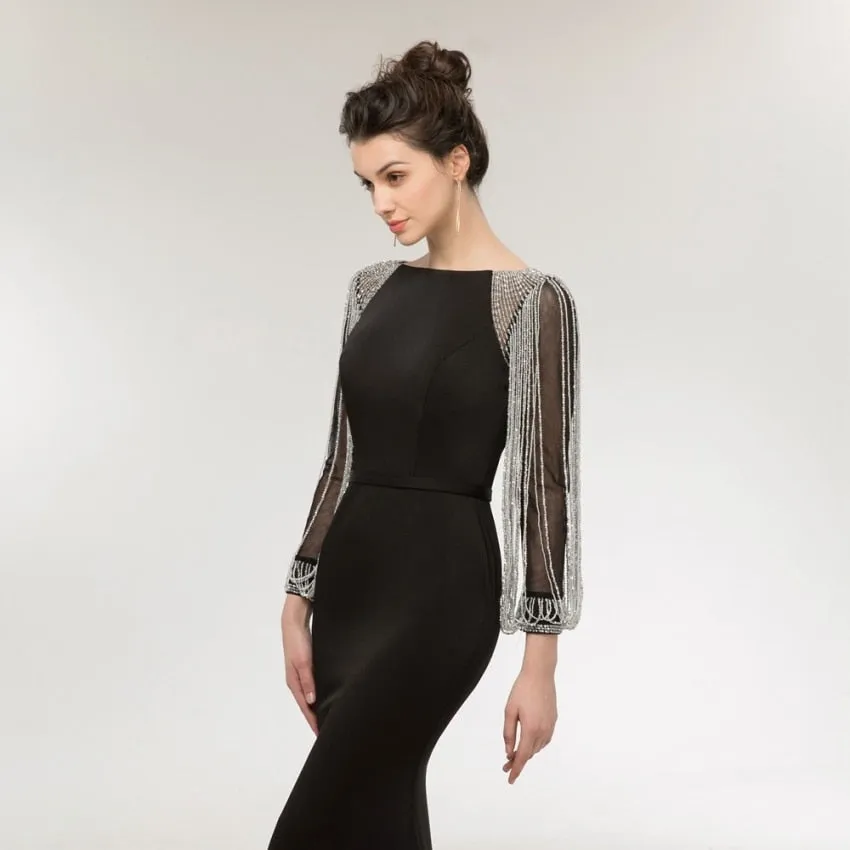 Vestido de Festa Luxo Sereia com Manga Detalhada Preto - Modelo Especial