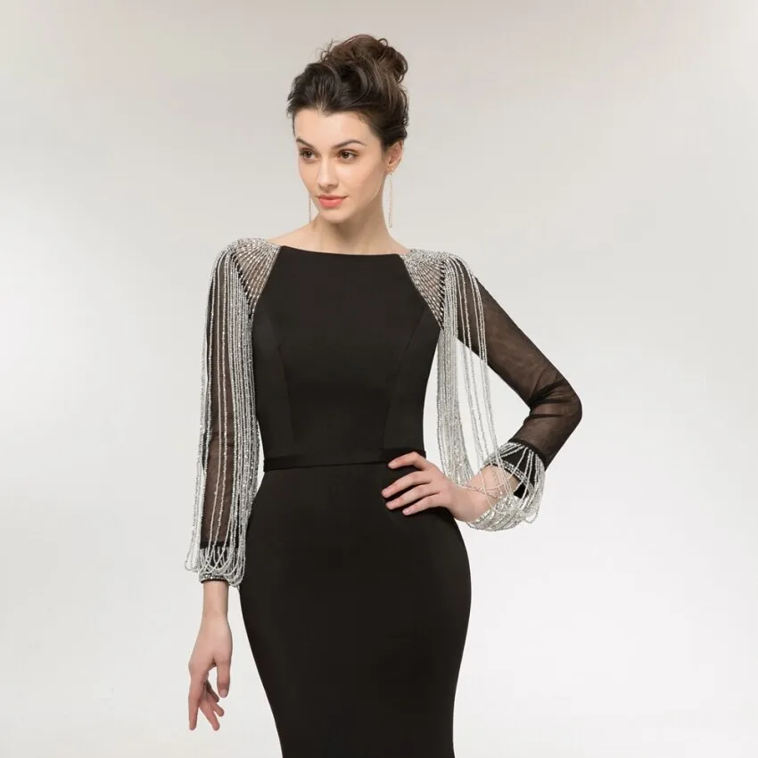 Vestido de Festa Luxo Sereia com Manga Detalhada Preto - Modelo Especial