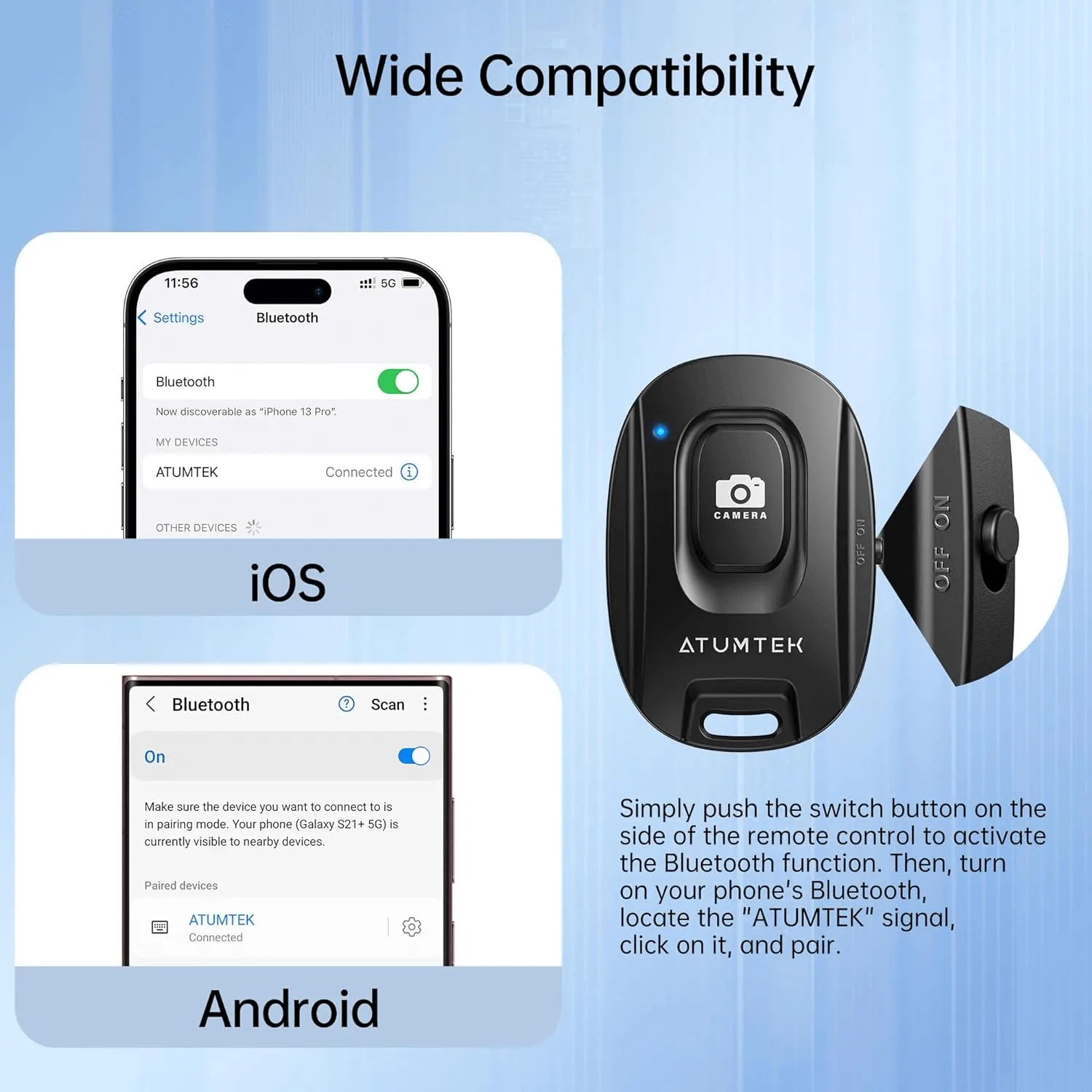 Wireless Phone Remote Control Selfie Button for Photos and Videos